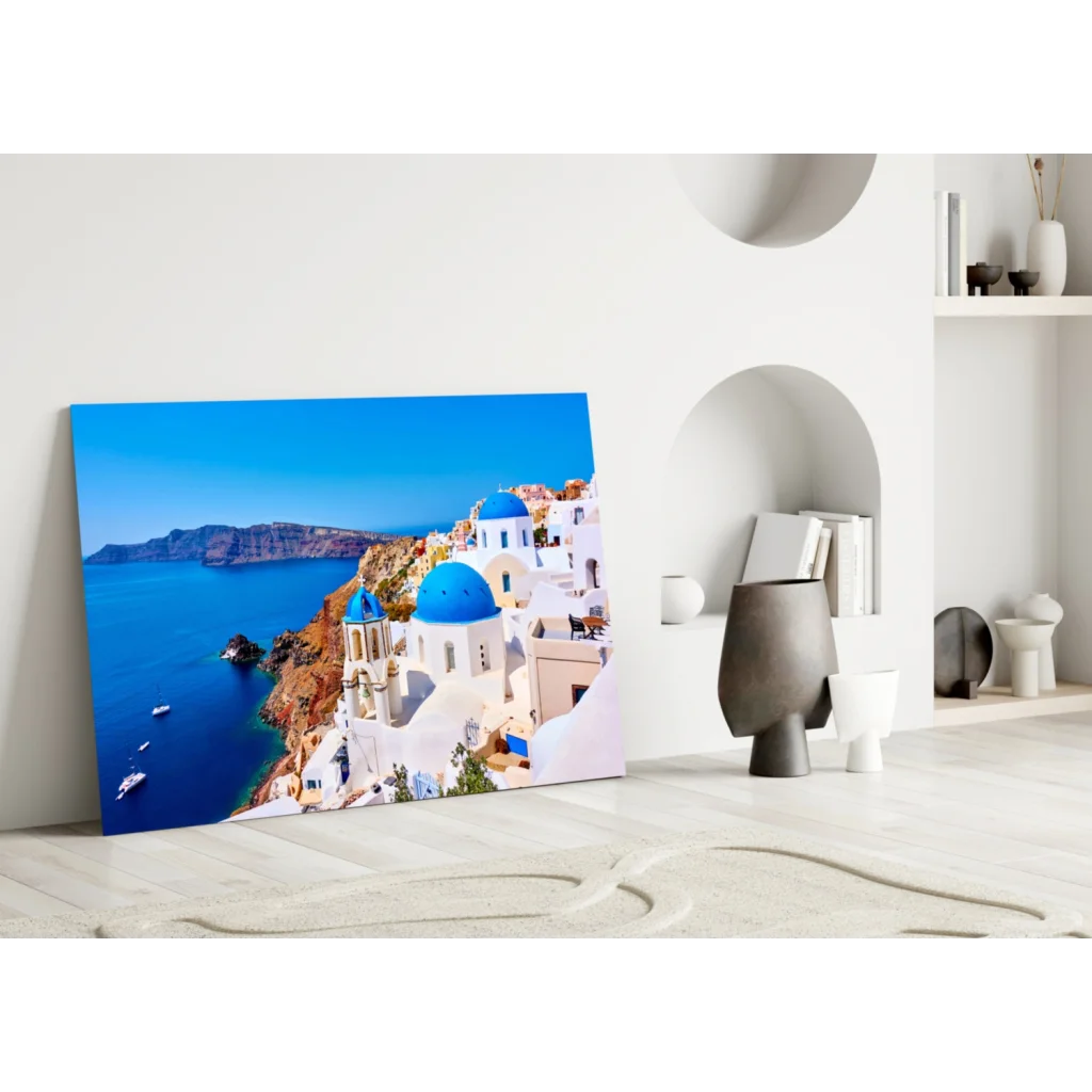 Stunning Santorini glass wall art canvas print with white buildings and blue domes