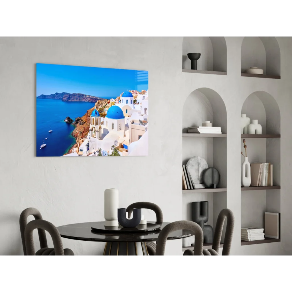 Vibrant Santorini blue white coastal glass wall art print