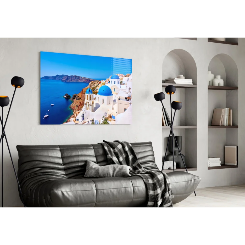 Vibrant Santorini blue and white coastal glass wall art canvas print