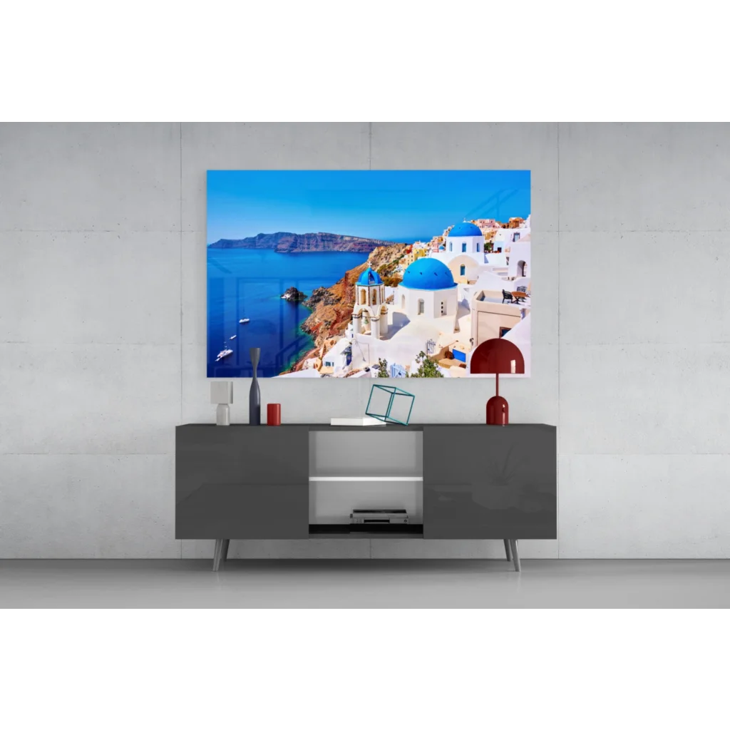 Stunning Santorini glass wall art of white-washed buildings and blue domes on cliffs