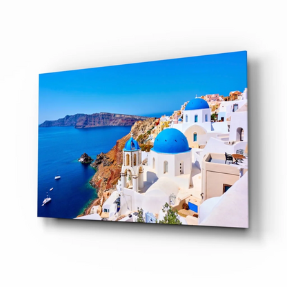 Stunning Santorini glass wall art canvas print with white buildings and blue domes