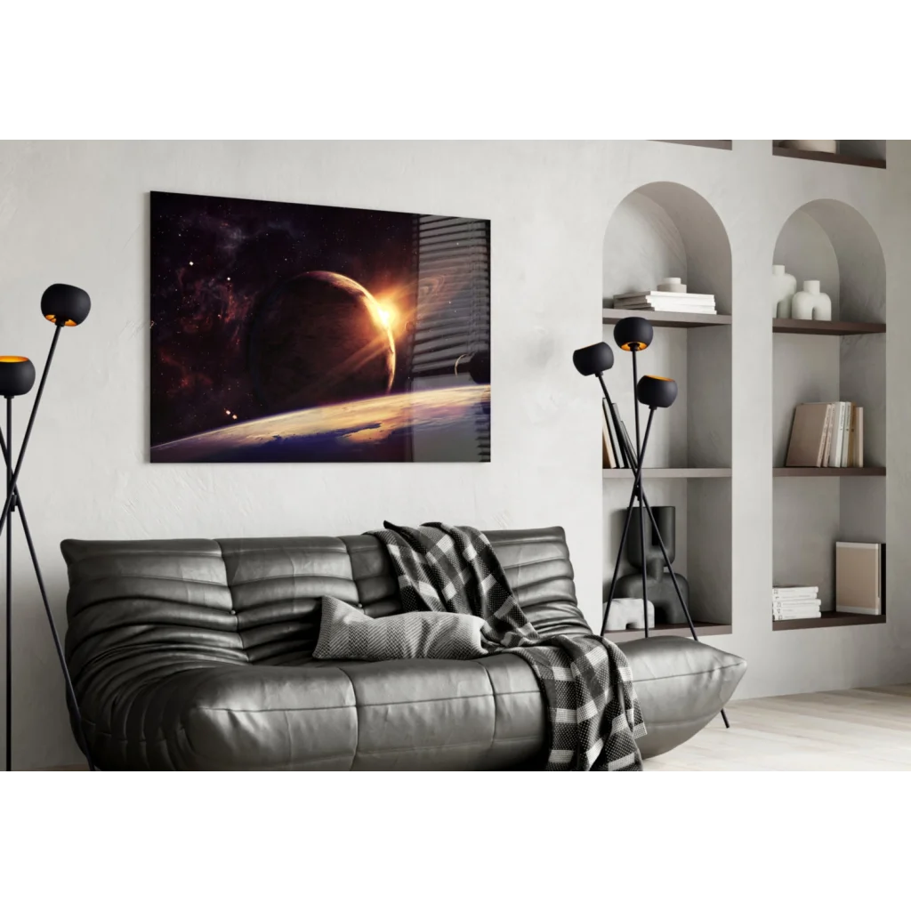 Stunning Saturn Galaxy glass wall art with 32-inch Samsung QLED TV