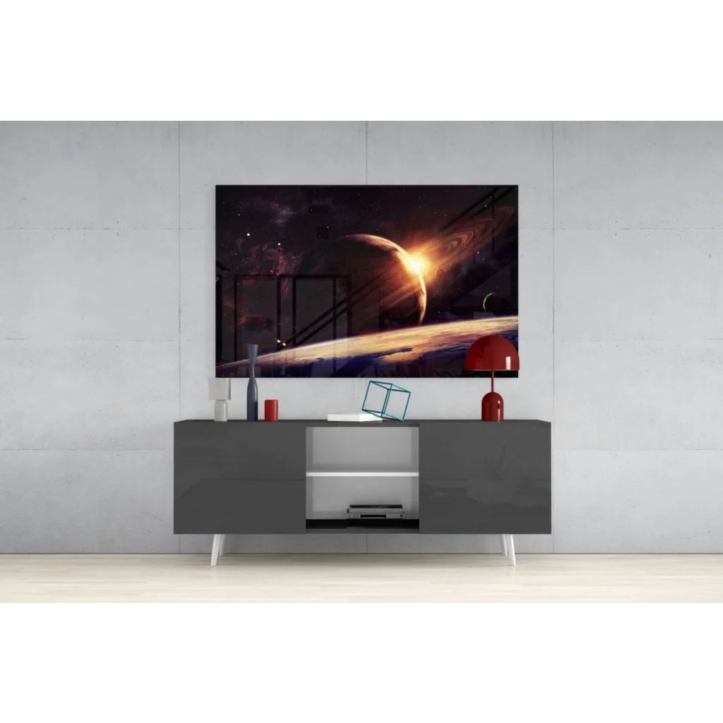 Samsung QLED TV with sleek black frame and vibrant Saturn galaxy wall art