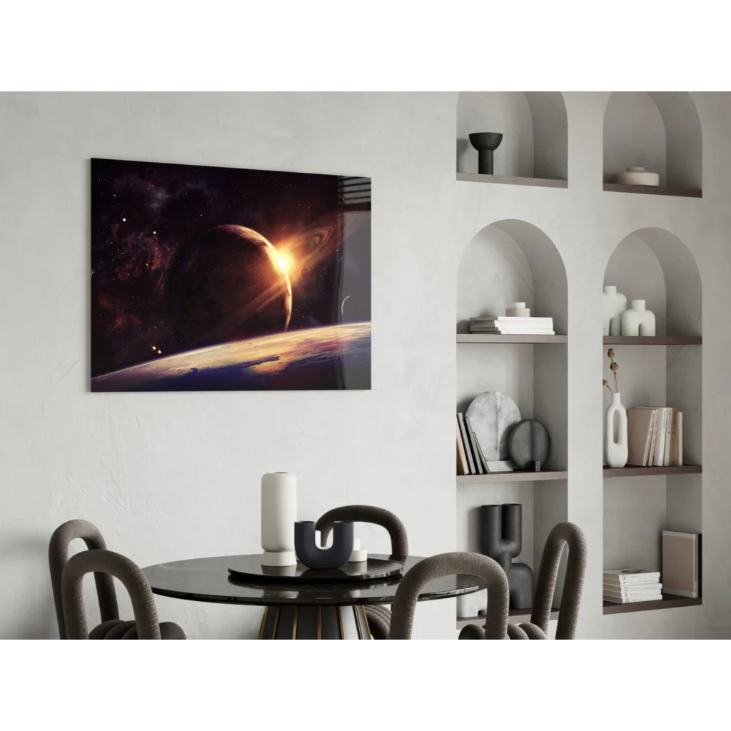 Fiery Saturn explosion canvas wall art in vibrant oranges and reds on deep space background