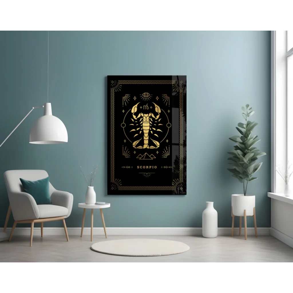 Stunning black Scorpio glass wall art with gold zodiac design