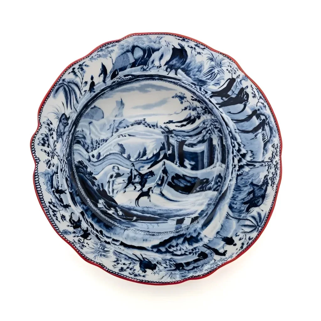Blue and white Seletti Classic Arabian soup plate with detailed landscape design