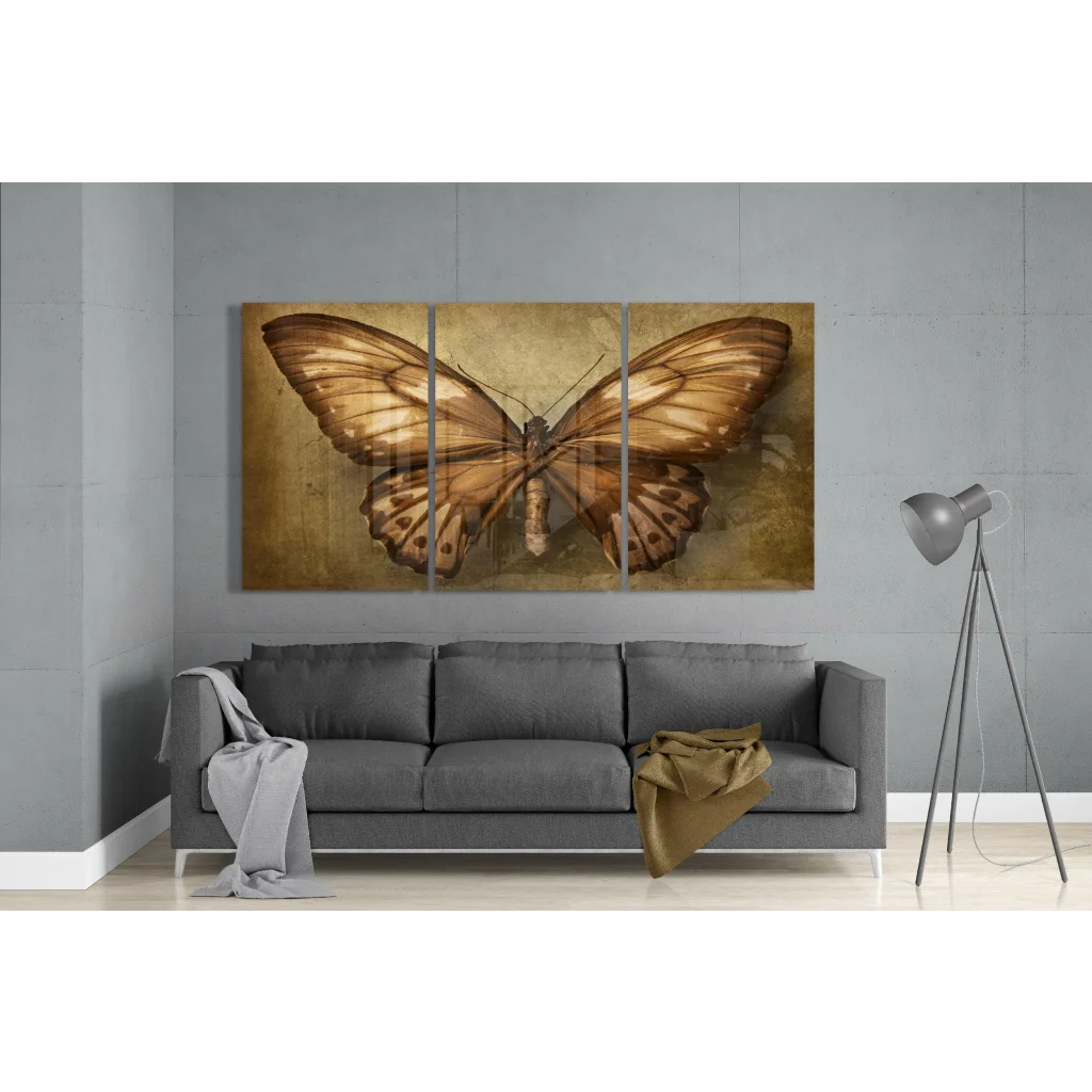 Sepia butterfly wall art triptych canvas set, textured vintage design