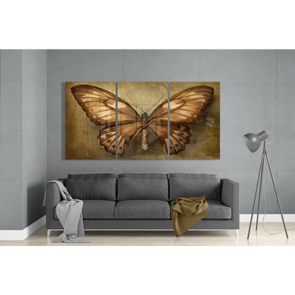 Sepia butterfly wall art triptych canvas set, textured vintage design