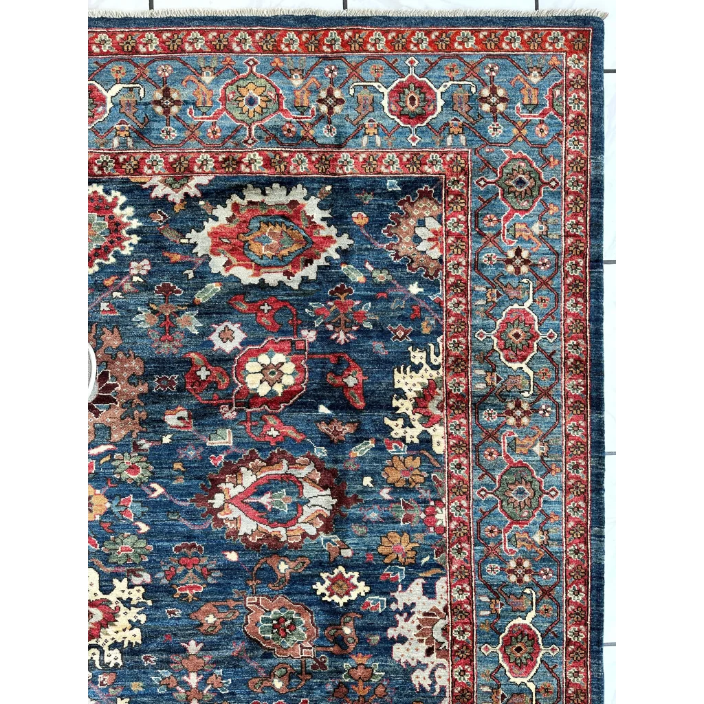 Stunning Serapi Transitional Rug in deep blue with intricate floral patterns and ghazni wool