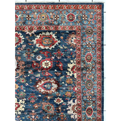 Stunning Serapi Transitional Rug in deep blue with intricate floral patterns and ghazni wool