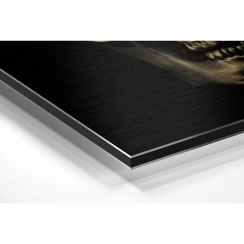 Stunning golden skull art on black brushed aluminium dibond print