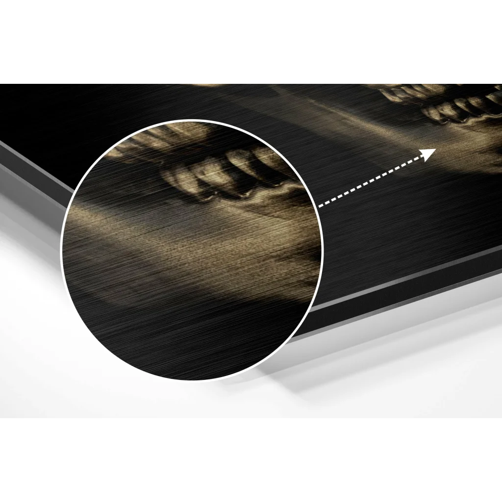 glass wall art Stunning sepia skeletal hands on brushed aluminium dibond print