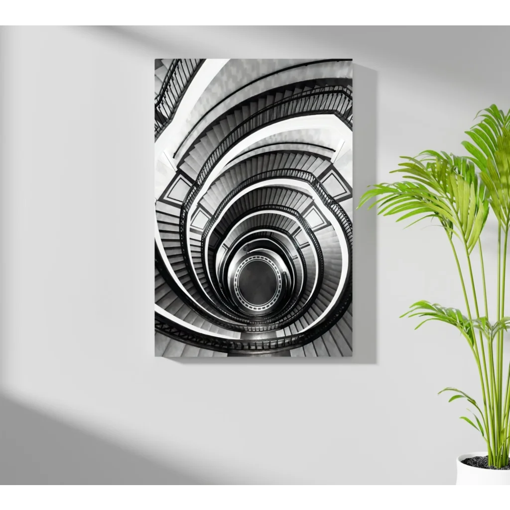 Stunning black and white spiral staircase canvas wall art print