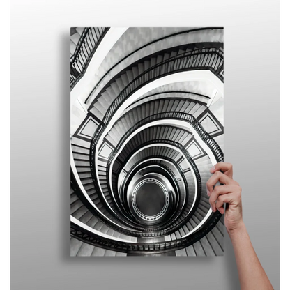 Stunning black and white spiral staircase canvas wall art print
