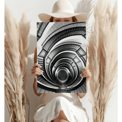 Black and white spiral staircase canvas wall art print