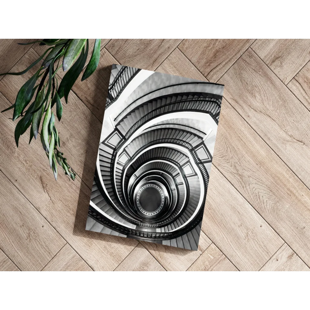 Black and white spiral staircase canvas art print