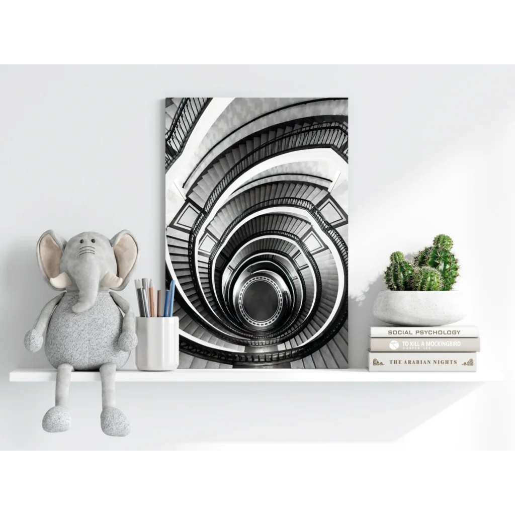 Black and white spiral staircase canvas wall art print on glossy textured paper
