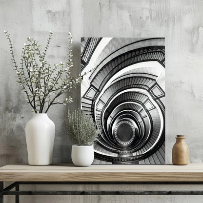 Black and white spiral staircase canvas wall art print