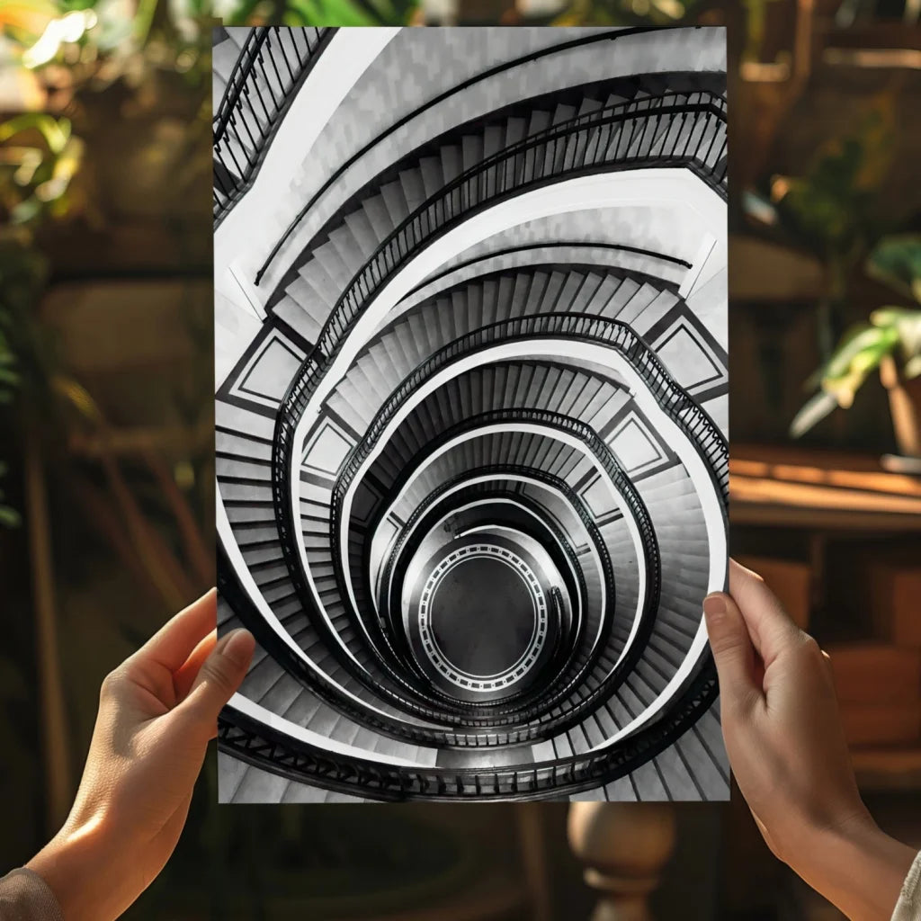 Stunning black and white spiral staircase canvas wall art poster