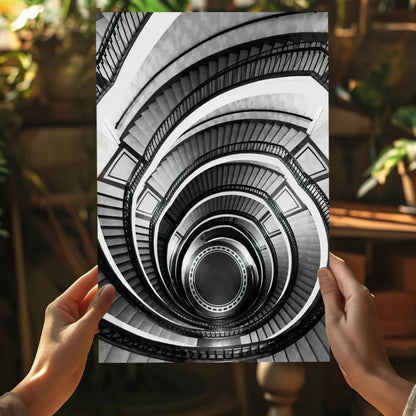 Stunning black and white spiral staircase canvas wall art poster