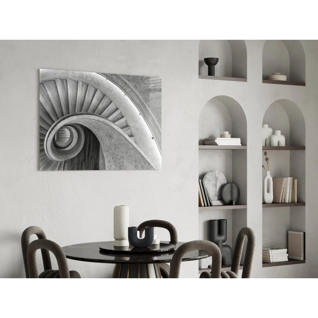 Stunning black spiral staircase glass wall art in black and white