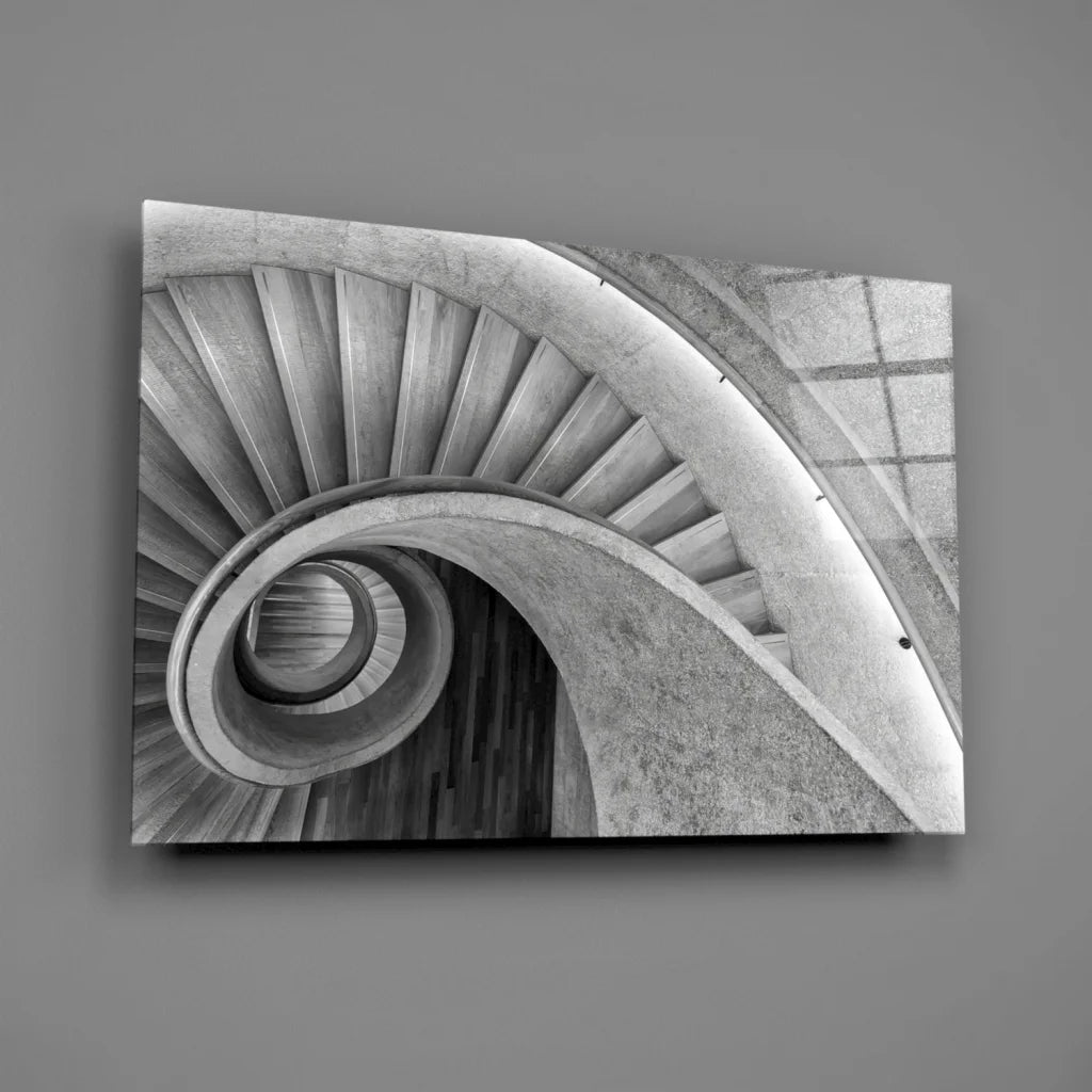 Stunning black and white glass wall art of spiral staircase with concrete texture