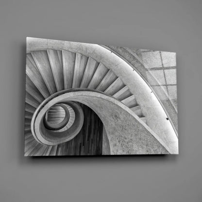 Stunning black and white glass wall art of spiral staircase with concrete texture