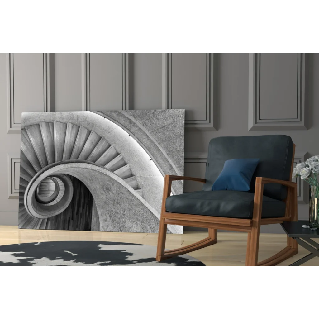 Stunning spiral staircase glass wall art in black and white