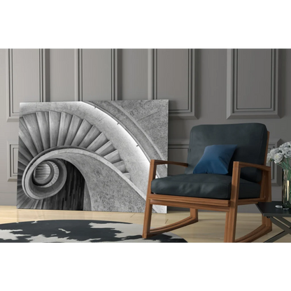 Stunning spiral staircase glass wall art in black and white