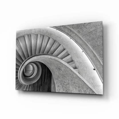 Stunning black and white glass wall art of concrete wood spiral staircase