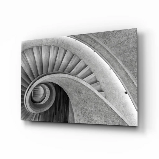 Stunning black and white glass wall art of concrete wood spiral staircase