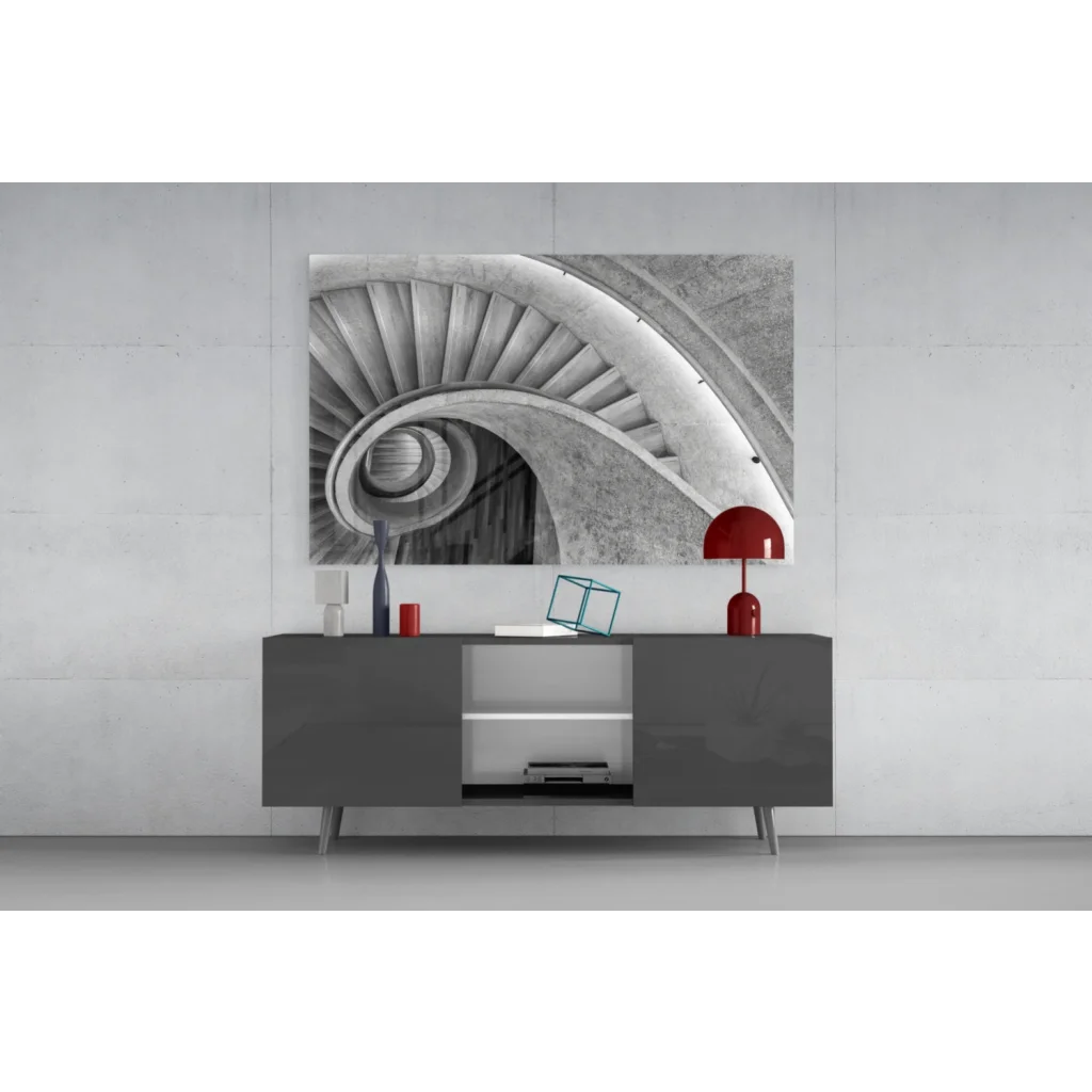 Modern gray sideboard with red accents in stunning spiral staircase glass wall art