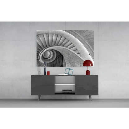 Modern gray sideboard with red accents in stunning spiral staircase glass wall art