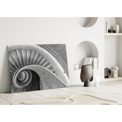 Modern black and white glass wall art of spiral staircase with concrete texture
