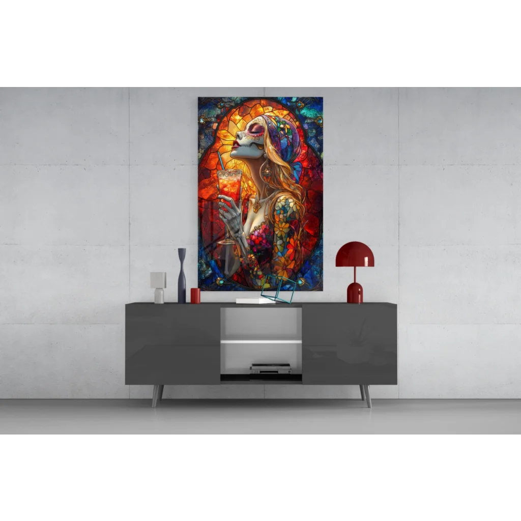 Vibrant stained glass skull wall art with modern gray sideboard