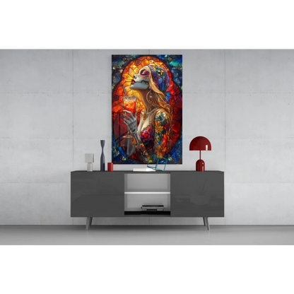 Vibrant stained glass skull wall art with modern gray sideboard