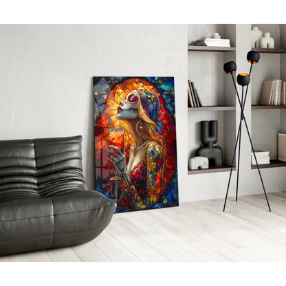 Vibrant stained glass wall art canvas print of abstract woman with flowing hair