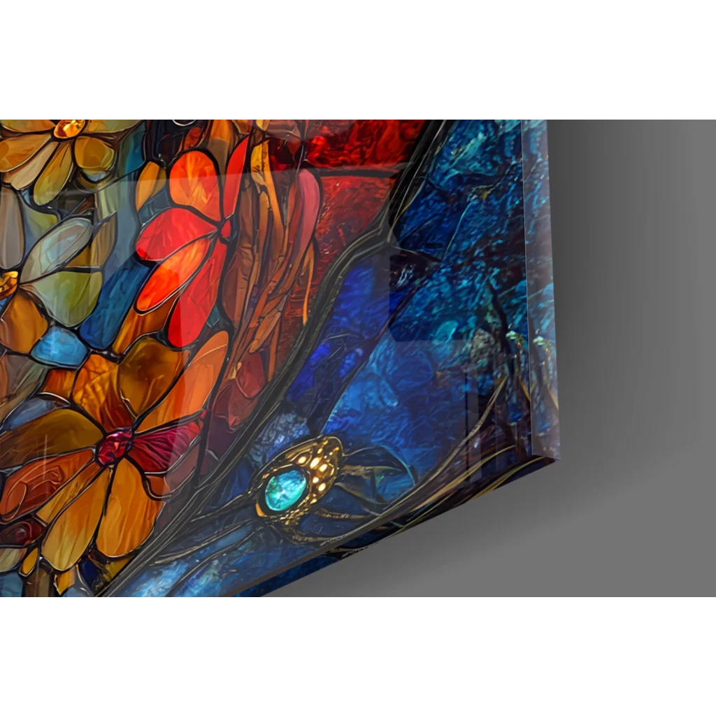 Stunning stained glass skull wall art with vibrant floral design and blue accents