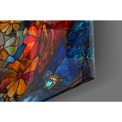 Stunning stained glass skull wall art with vibrant floral design and blue accents