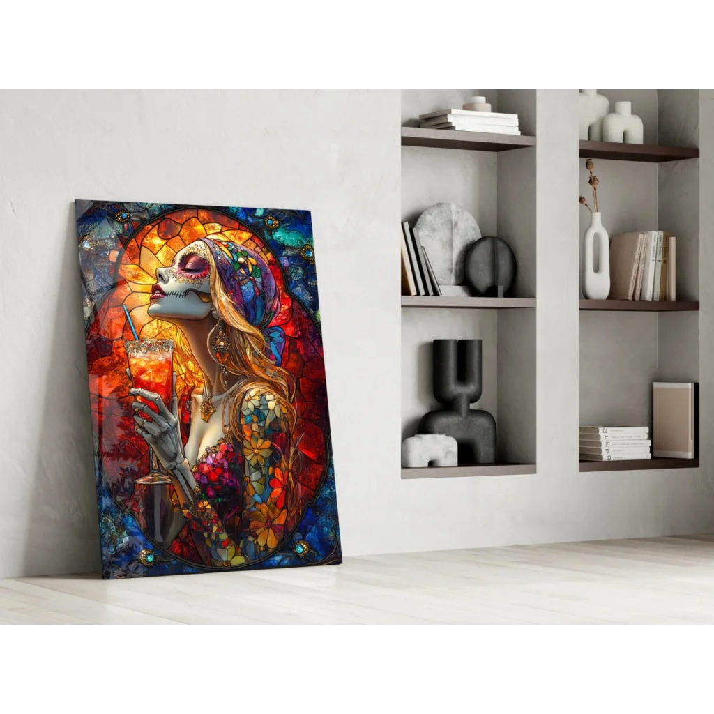Stained glass portrait of woman with wine on skull wall art canvas