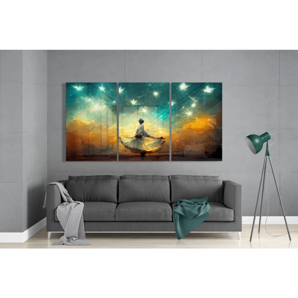 Stunning Starry Dancer glass wall art three-panel print with dancing figure, stars in teal orange hues
