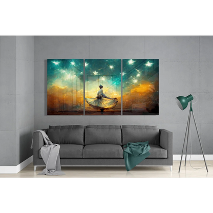 Stunning Starry Dancer glass wall art three-panel print with dancing figure, stars in teal orange hues