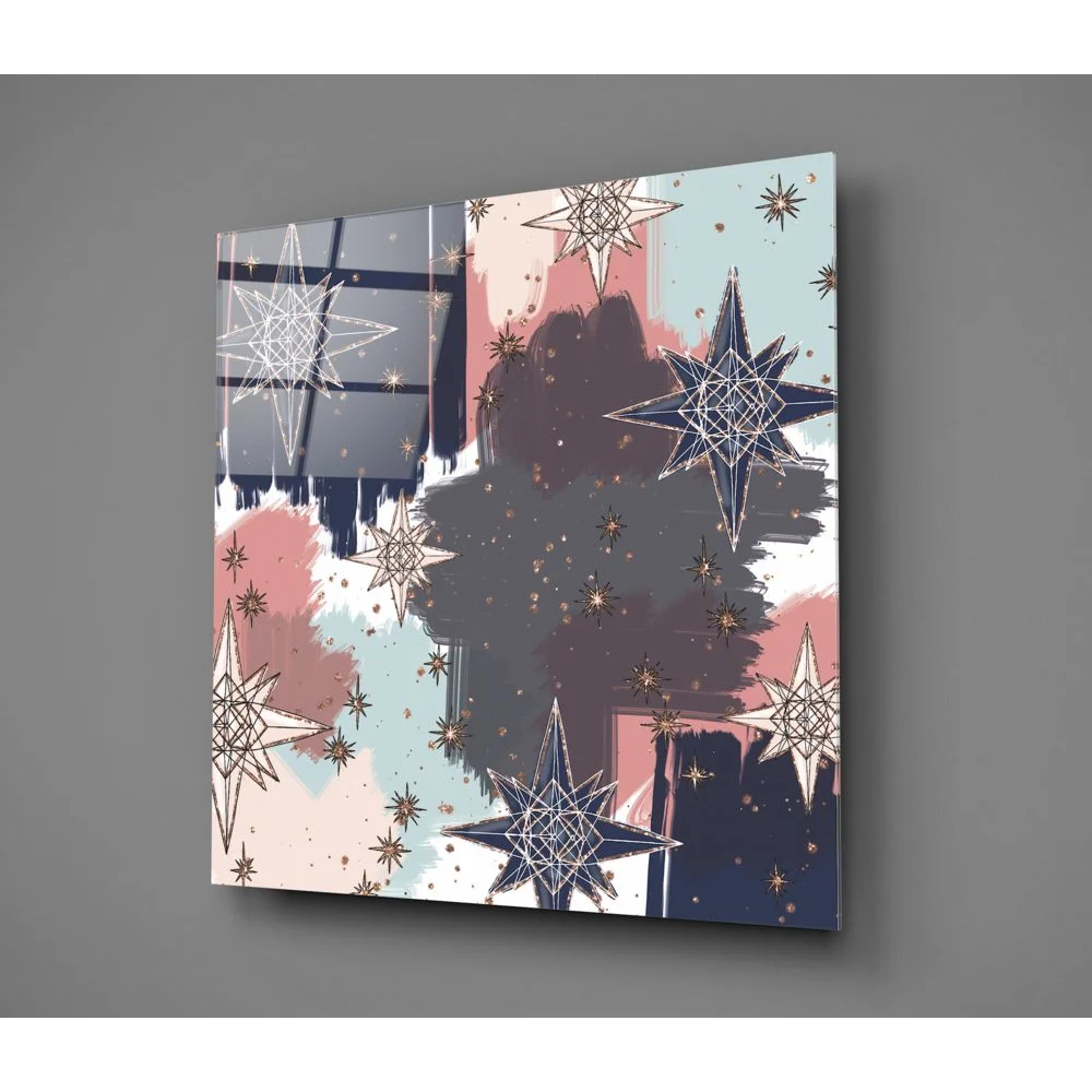 Pink and white starry tempered glass art with abstract brushstrokes