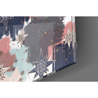 Red and blue abstract star tempered glass art with metallic accents