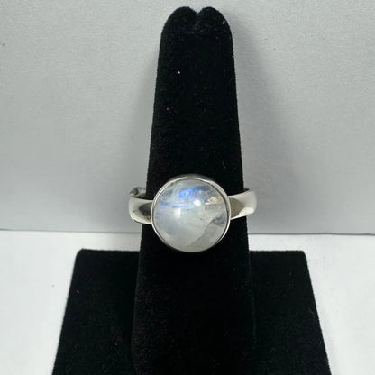 Stunning sterling silver moonstone ring with blue flash cabochon