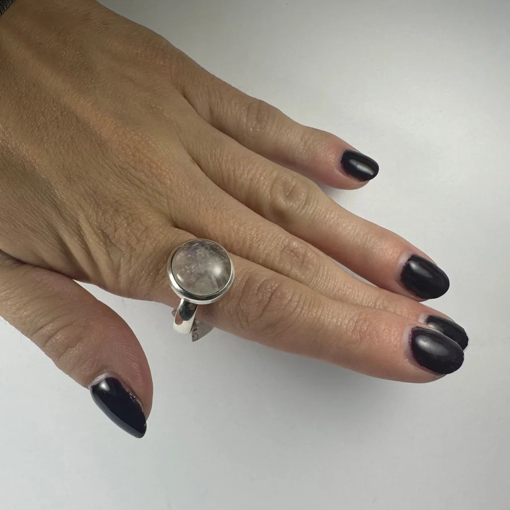 Stunning sterling silver moonstone ring with iridescent quartz glow