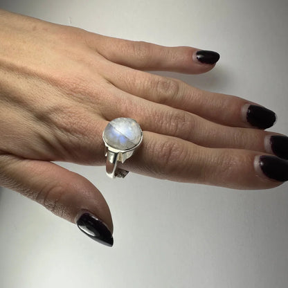 Stunning sterling silver moonstone ring with iridescent blue glow