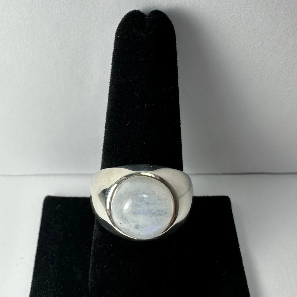 Sleek silver moonstone ring with iridescent glow