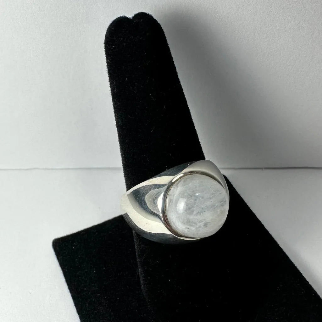 Sleek sterling silver moonstone ring with iridescent glow