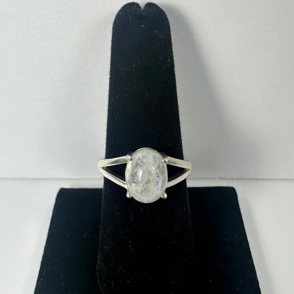Stunning sterling silver moonstone ring with oval iridescent glow